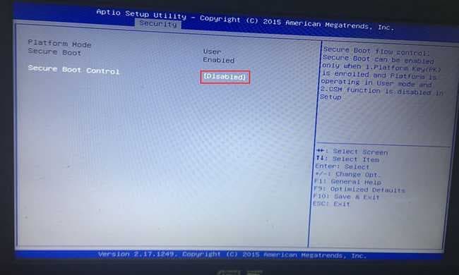 关闭bios中安全启动