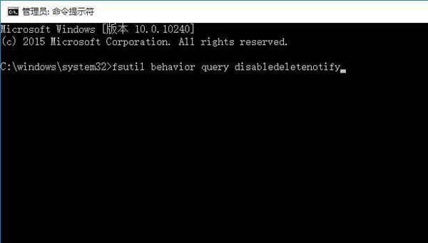 输入 fsutil behavior query disabledeletenotify 并按回车