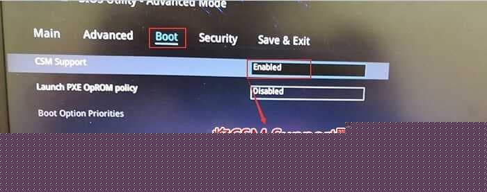CSM support由disabled改成enabled开启兼容模式